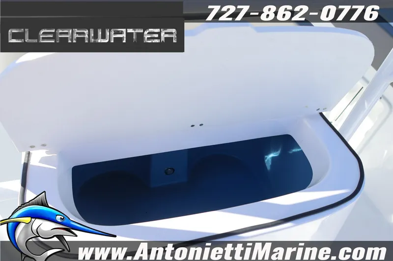 Slide: The Image of 2026 Clearwater 2300 boat storage compartment, Antonietti Marine contact details displayed. - 35