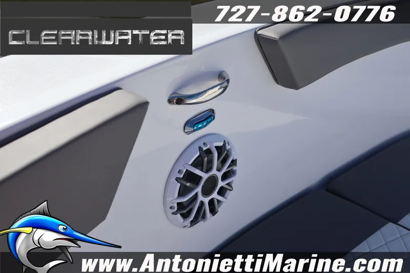 Slide: The Image of 2026 Clearwater 2300 boat interior with speaker and handle, Antonietti Marine branding. - 37
