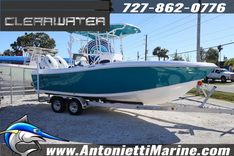 Slide: The Image of 2026 Clearwater 2300 boat on trailer at Antonietti Marine dealership. - 17
