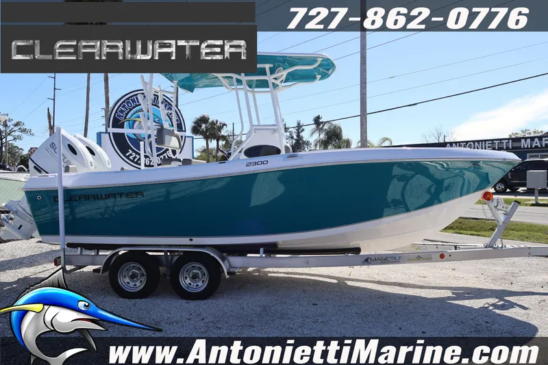 Slide: The Image of 2026 Clearwater 2300 boat on trailer at Antonietti Marine dealership. - 18