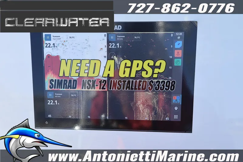 Slide: The Image of Clearwater 2300 GPS display with Simrad NSX-12 installation offer, 2026 model. - 26