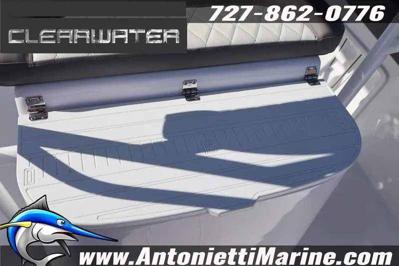 Slide: The Image of Clearwater 2300 boat seat detail with logo and contact information, 2026 model. - 34