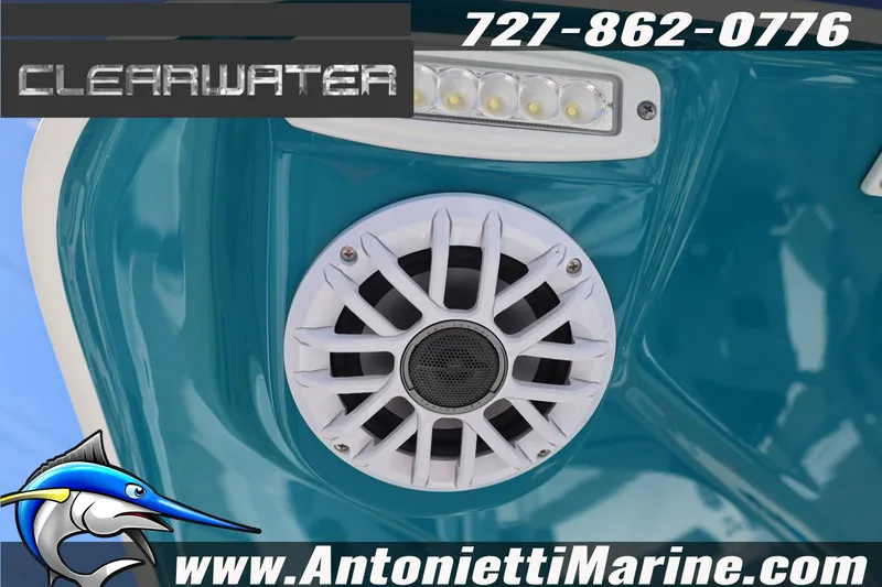 Slide: The Image of Clearwater 2300 boat speaker and LED light, 2026 model, Antonietti Marine contact details. - 36