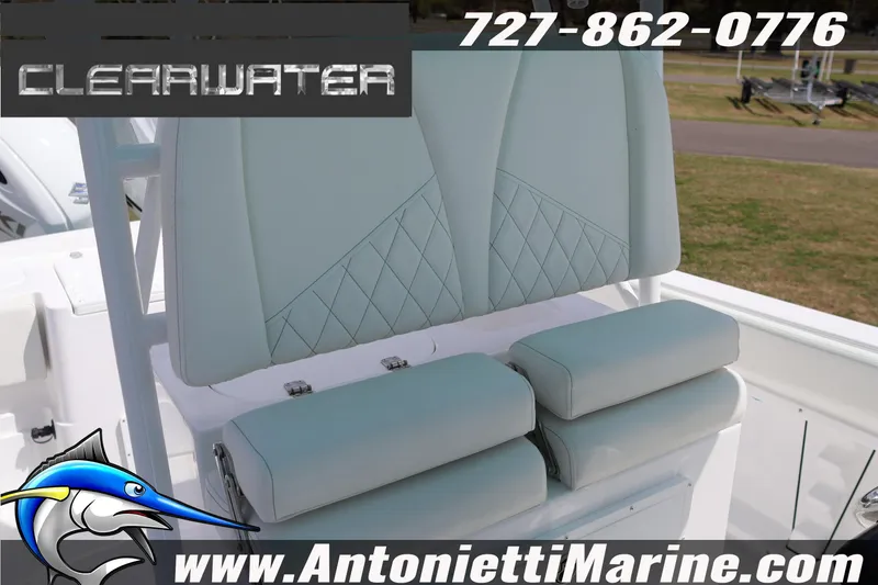 Slide: The Image of 2026 Clearwater 2800 CC boat seating with logo and contact details. - 17