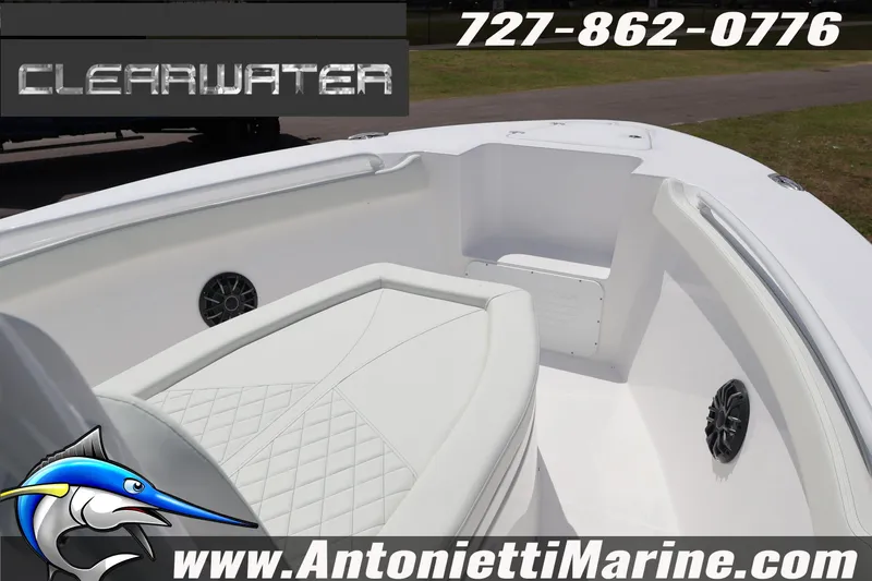 Slide: The Image of 2026 Clearwater 2800 CC boat interior with seating, speakers, and contact details for Antonietti Marine. - 19