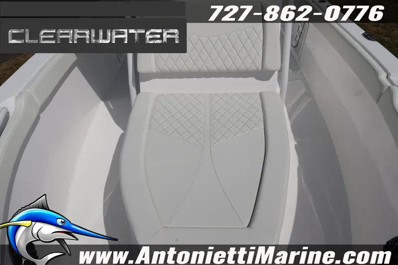 Slide: The Image of Clearwater 2800 CC boat seat, 2026 model, with contact and website details. - 21