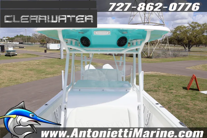 Slide: The Image of 2026 Clearwater 2800 CC boat displayed at Antonietti Marine with contact details. - 22