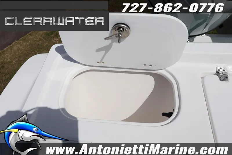 Slide: The Image of 2026 Clearwater 2800 CC boat compartment with open hatch, featuring Antonietti Marine branding. - 12