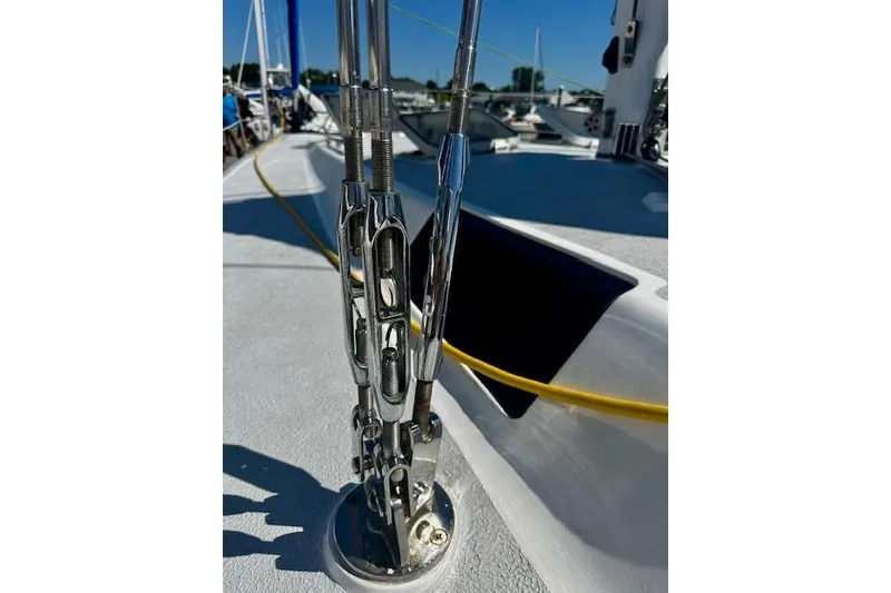 Slide: The Image of Close-up of rigging on a 1986 Hunter Passage 450 sailboat deck. - 16