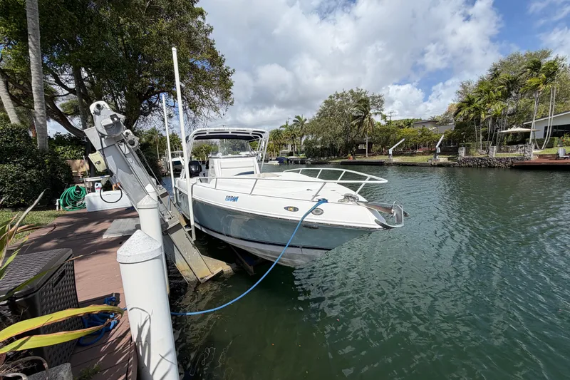 The Image of 2008 Donzi 29 ZF Cuddy boat docked on a scenic waterfront with lush greenery. - 1