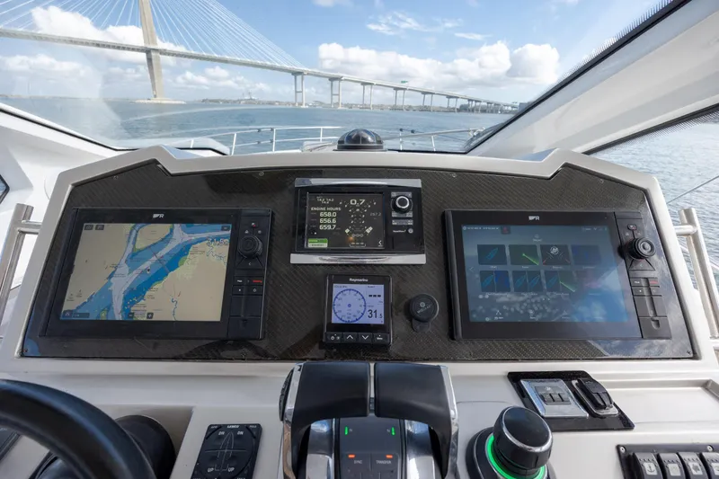 Slide: The Image of Cockpit of 2019 Azimut Verve 40 yacht with navigation screens and bridge view. - 49