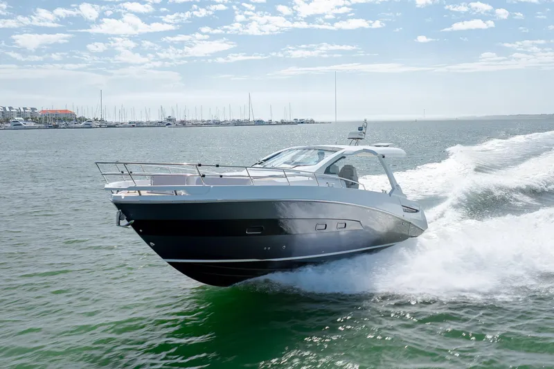 Slide: The Image of 2019 Azimut Verve 40 yacht cruising on open water, showcasing sleek design and performance. - 6