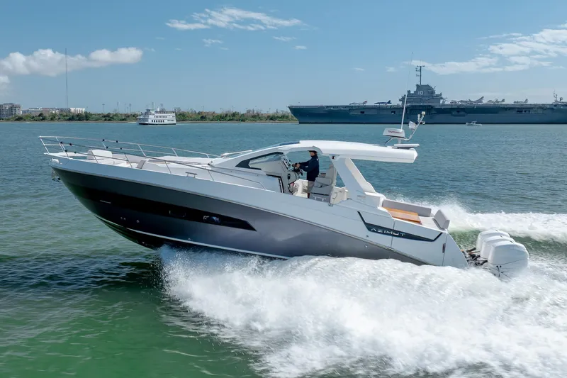 Slide: The Image of 2019 Azimut Verve 40 yacht cruising on open water, showcasing sleek design and performance. - 7