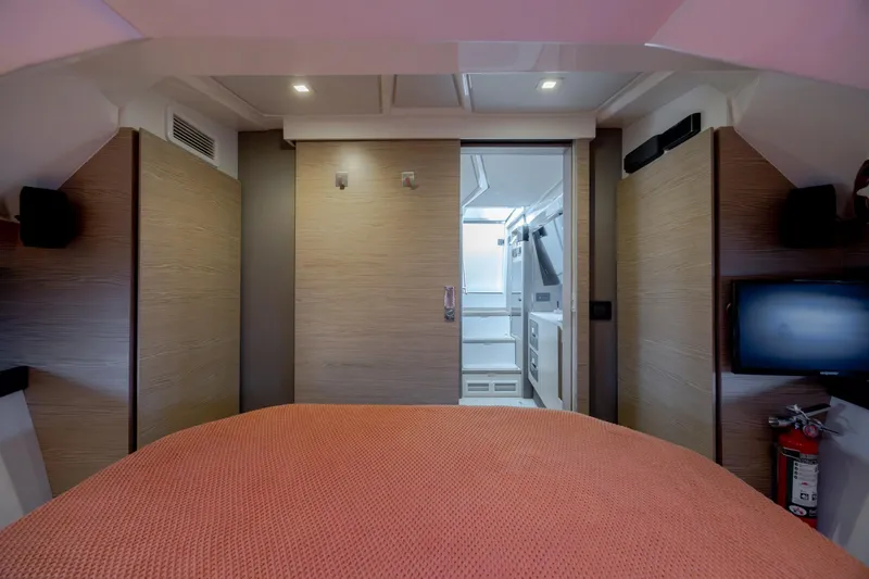 Slide: The Image of 2019 Azimut Verve 40 yacht interior with modern bedroom and ensuite bathroom. - 76