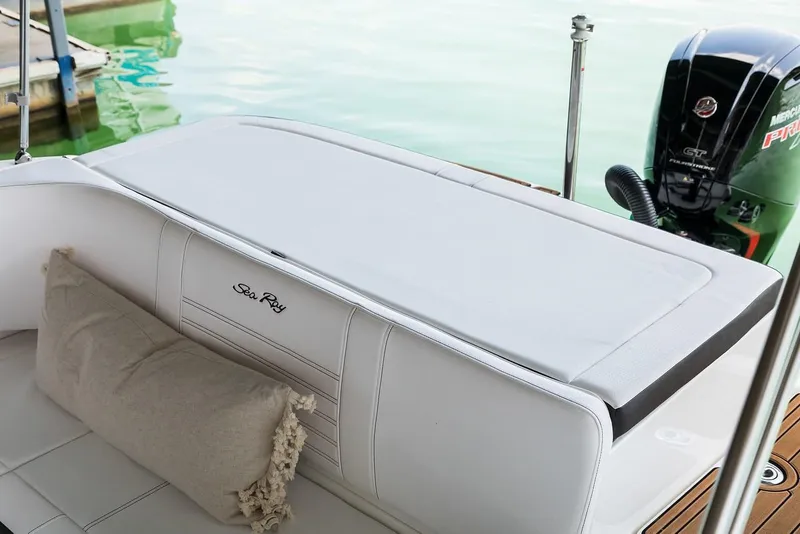 Slide: The Image of Manufacturer Provided Image: 2019 Sea Ray SPX 190 OB boat interior with cushioned seating and outboard motor. - 13