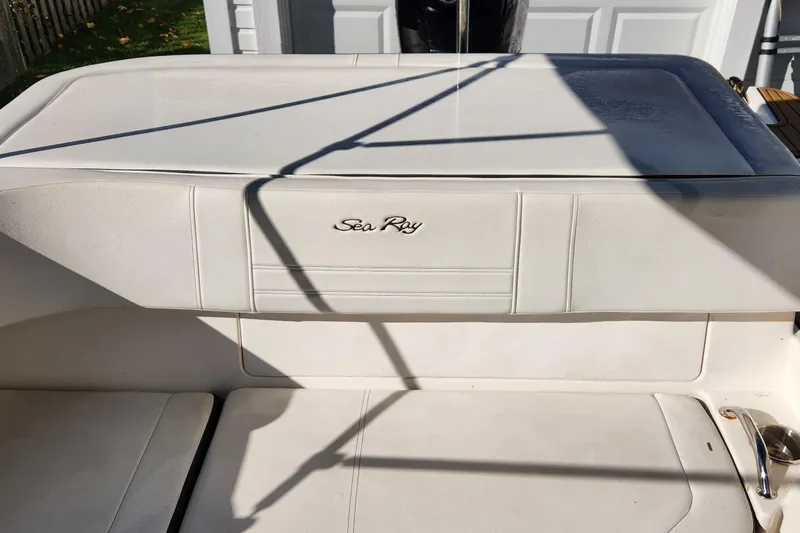 Slide: The Image of 2019 Sea Ray SPX 190 Outboard boat interior with white seating and logo. - 8