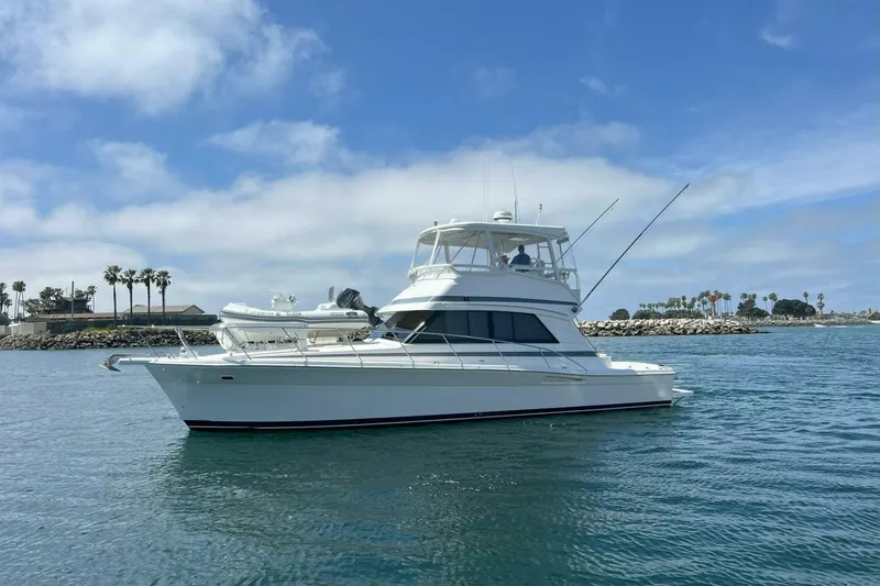 Slide: The Image of 2002 Riviera 43 Open Flybridge yacht on calm water, clear sky background. - 17