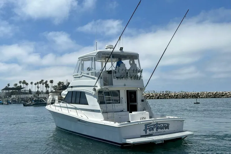 Slide: The Image of 2002 Riviera 43 Open Flybridge yacht in marina, clear sky, calm water. - 20