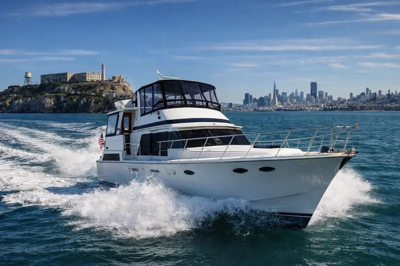 The Image of 1987 Lien Hwa 47 Cockpit Motor Yacht cruising near iconic San Francisco landmarks. - 0
