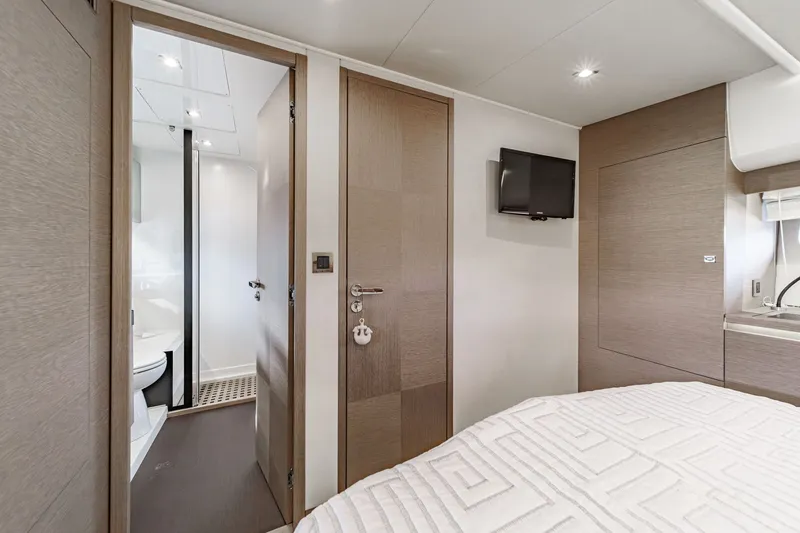 Slide: The Image of Interior of a 2018 Prestige 560 yacht featuring a modern bathroom. - 37