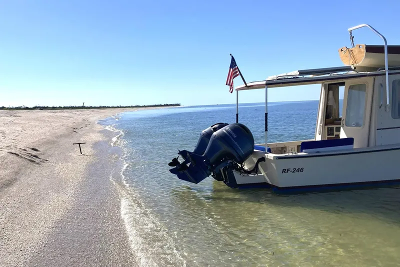 Slide: The Image of 1999 Rosborough 246 boat anchored on a sandy beach with clear blue water. - 3