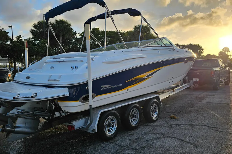 Slide: The Image of 2002 Chaparral 285 SSi boat on trailer at sunset, ready for transport. - 35