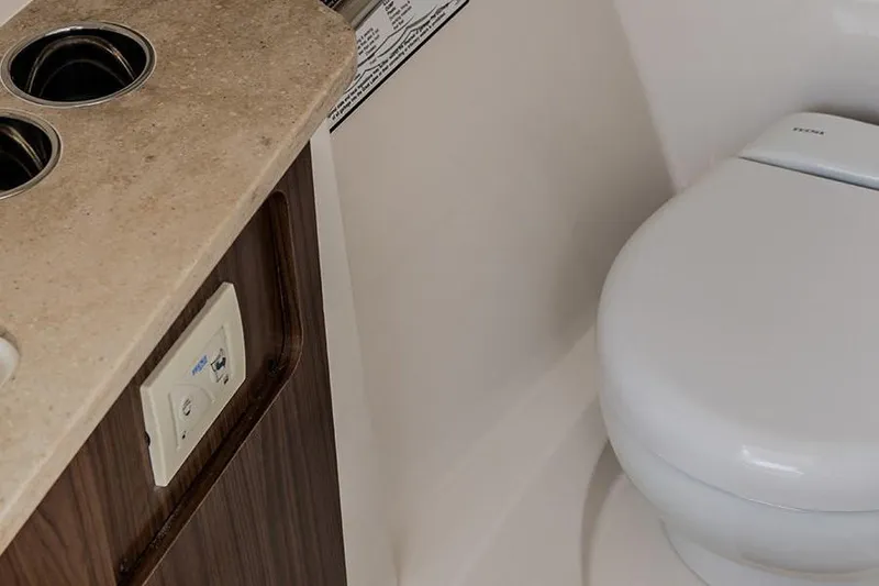 Slide: The Image of 2020 Sailfish 245 DC boat dashboard with steering wheel and electronic controls. - 15