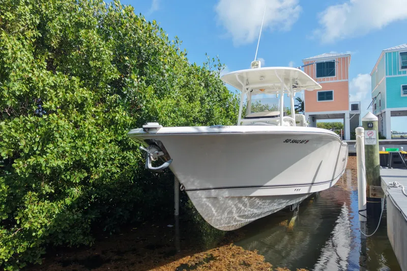 The Image of 2018 NauticStar 28 XS boat docked near colorful waterfront homes. - 0