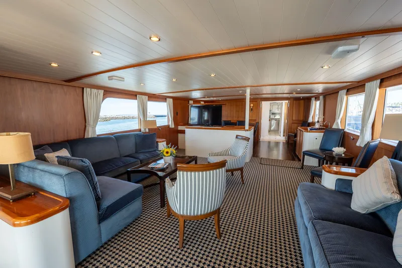 Slide: The Image of Luxurious 1969 Custom Hargrave yacht interior with elegant seating and ocean views. - 3