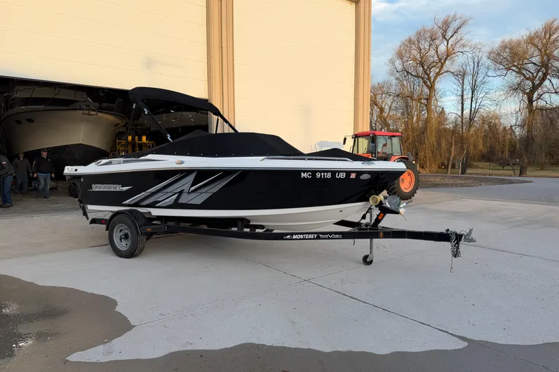 Slide: The Image of 2017 Monterey 196FS boat on trailer outside storage facility. - 6