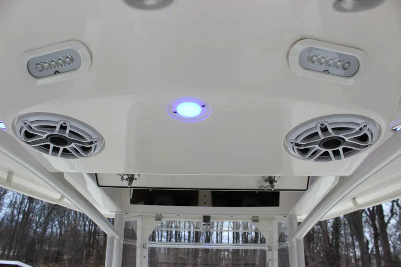 Slide: The Image of 2022 Cobia 280 Center Console boat speakers and lighting on the ceiling. - 54