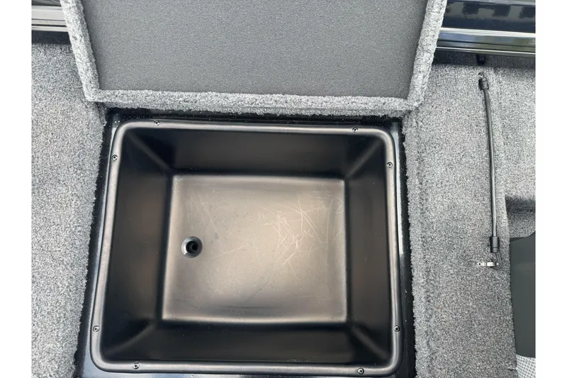 Slide: The Image of Storage compartment in 2026 Ranger ALPHA 208 boat, featuring a black interior and gray carpet. - 95
