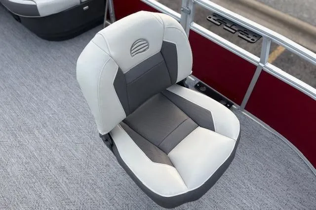Slide: The Image of 2026 Sun Tracker Bass Buggy 16 XL Select boat seat, gray and white upholstery. - 117