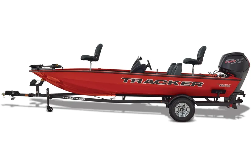 Slide: The Image of 2026 Tracker Pro Team 190 boat rear view, parked on a trailer. - 4