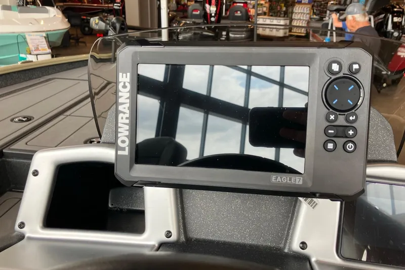 Slide: The Image of Lowrance Eagle 7 fishfinder on 2026 Tracker Savage 215 boat dashboard. - 5