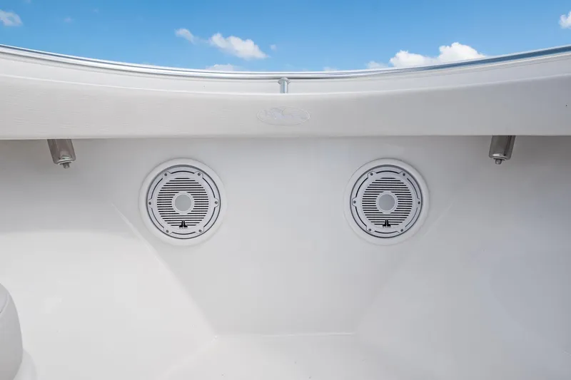 Slide: The Image of 2026 Valhalla Boatworks V-37 interior speakers with blue sky background. - 10