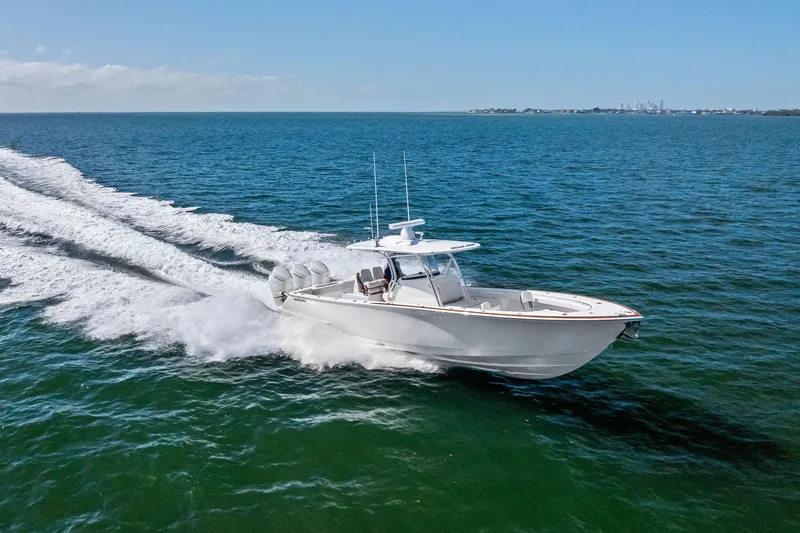 Slide: The Image of 2026 Valhalla Boatworks V-37 cruising on open water, showcasing sleek design and performance. - 63