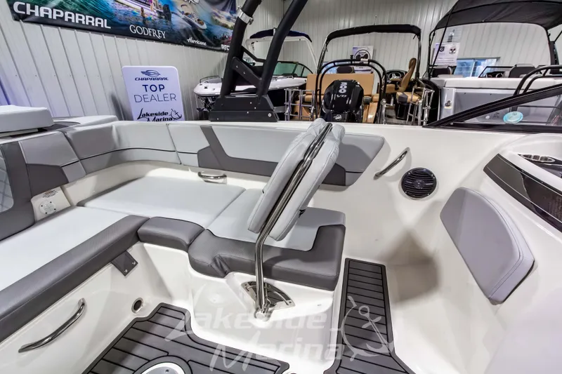 Slide: The Image of 2023 Bayliner VR6 Bowrider I/O interior with gray seating and modern design. - 27