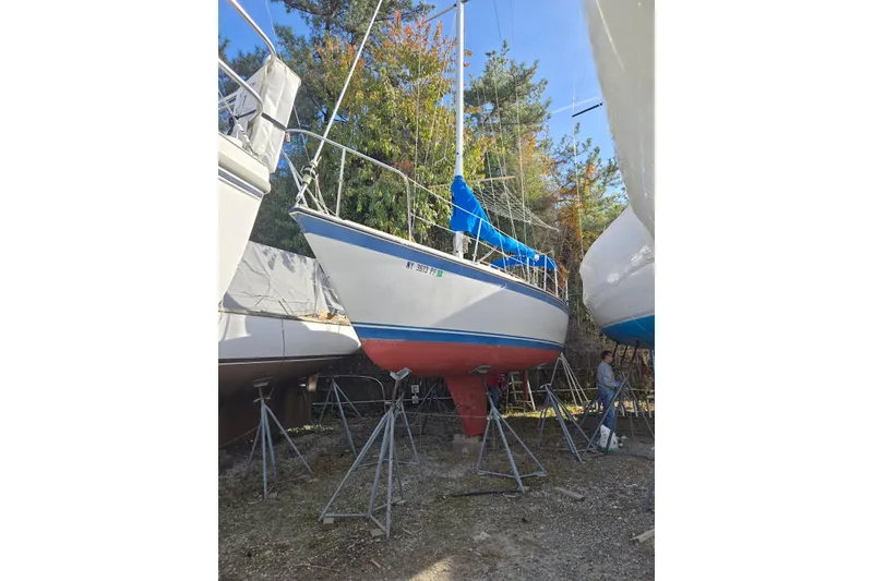 Slide: The Image of 1982 O'Day 28 sailboat on stands, blue and white hull, outdoor storage. - 1