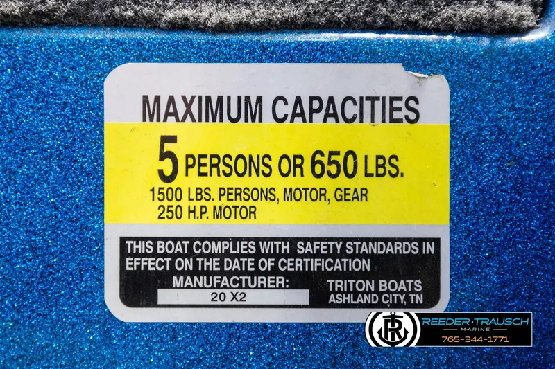 Slide: The Image of 2008 Triton 20X2 DC boat capacity label, 5 persons or 650 lbs, 250 HP motor. - 60