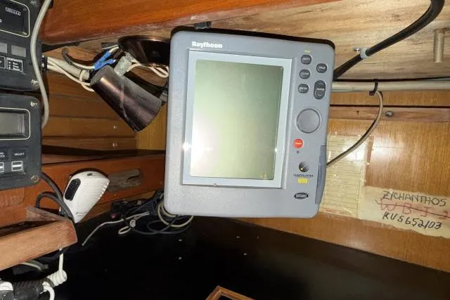 Slide: The Image of Raytheon marine navigation system inside 1980 Mao Ta Skye 51 sailboat cabin. - 18