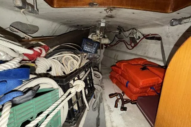 Slide: The Image of Interior of 1980 Mao Ta Skye 51 sailboat with ropes and life jackets. - 23