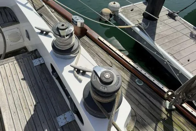 Slide: The Image of Deck view of 1980 Mao Ta Skye 51 sailboat with winches and ropes. - 44