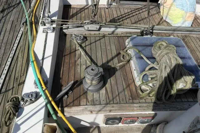 Slide: The Image of Deck of 1980 Mao Ta Skye 51 sailboat with ropes and winch. - 48