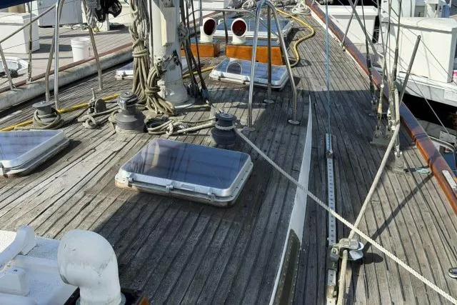 Slide: The Image of Deck of 1980 Mao Ta Skye 51 sailboat with hatches and rigging. - 50