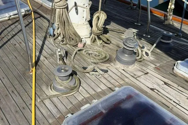 Slide: The Image of Deck of 1980 Mao Ta Skye 51 sailboat with ropes and winches. - 55