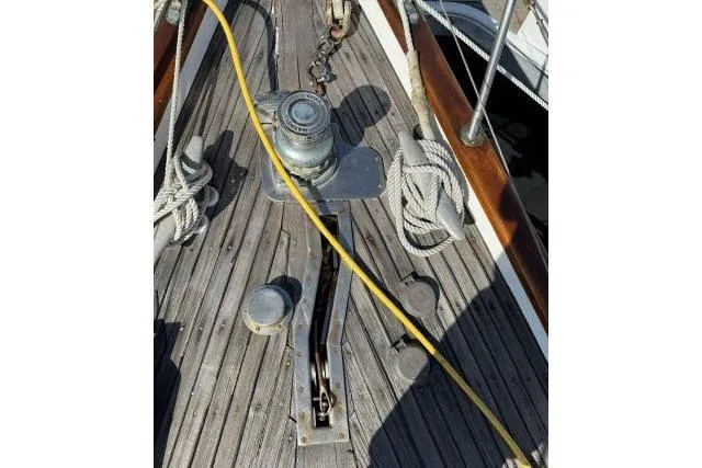 Slide: The Image of Deck of 1980 Mao Ta Skye 51 sailboat with winch and ropes. - 60