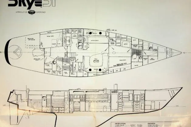 Slide: The Image of Blueprint of 1980 Mao Ta Skye 51 yacht, showcasing detailed interior and deck layout. - 75