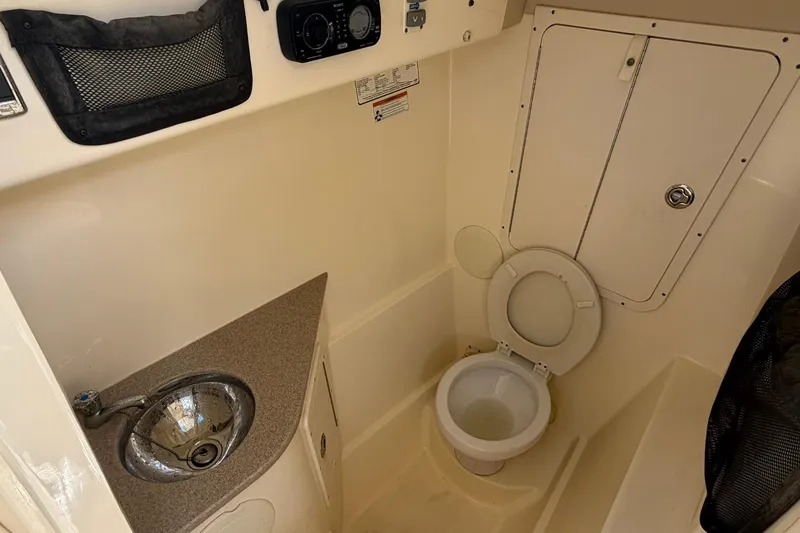 Slide: The Image of 2013 World Cat 290 DC boat bathroom with sink and toilet. - 20