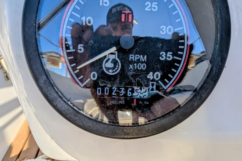 Slide: The Image of Close-up of a Catalina 34 MkII 2003 tachometer showing 3652 hours. - 23